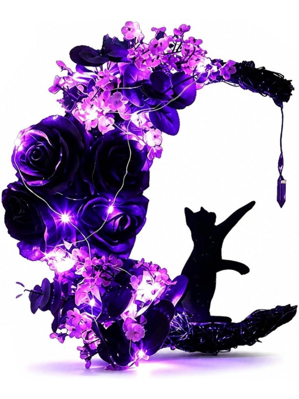 Gothic Cat Moon Halloween Wreath Decor with Lights | 12" Easy Hang Front Door